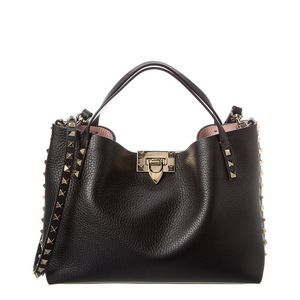 Valentino Rockstud Small Grainy Leather Tote, black/silver hardware